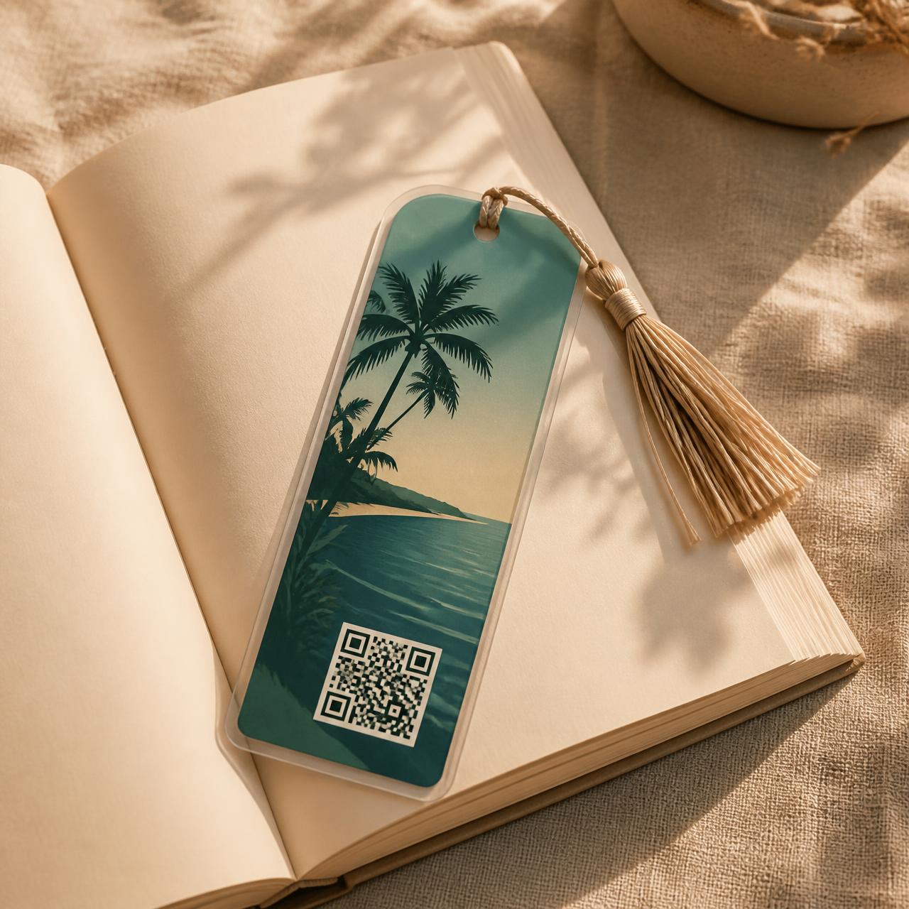 Separador de libro encapsulado con ilustración de palmeras del Caribe y código QR, sobre un libro abierto
